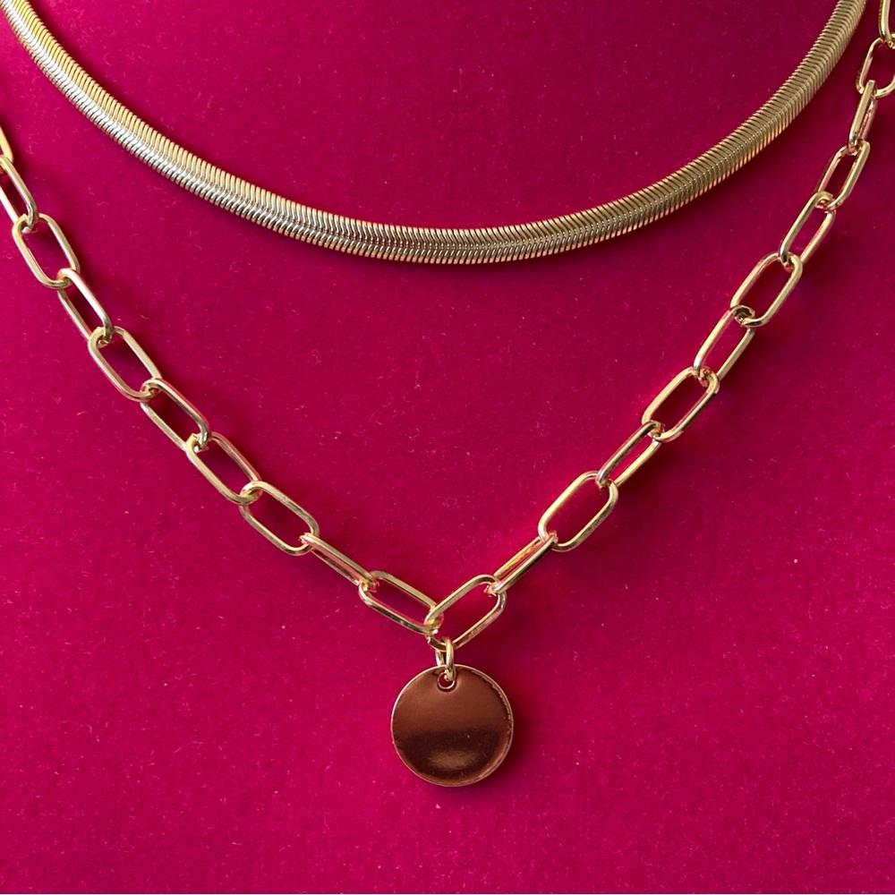 Two Layer Necklace Adjustable | Round Charm | Gol… - image 3